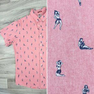 LOST At Sea Hawaiian Shirt Men Size L Keeping It Unreal Hula Girl Luau Pink